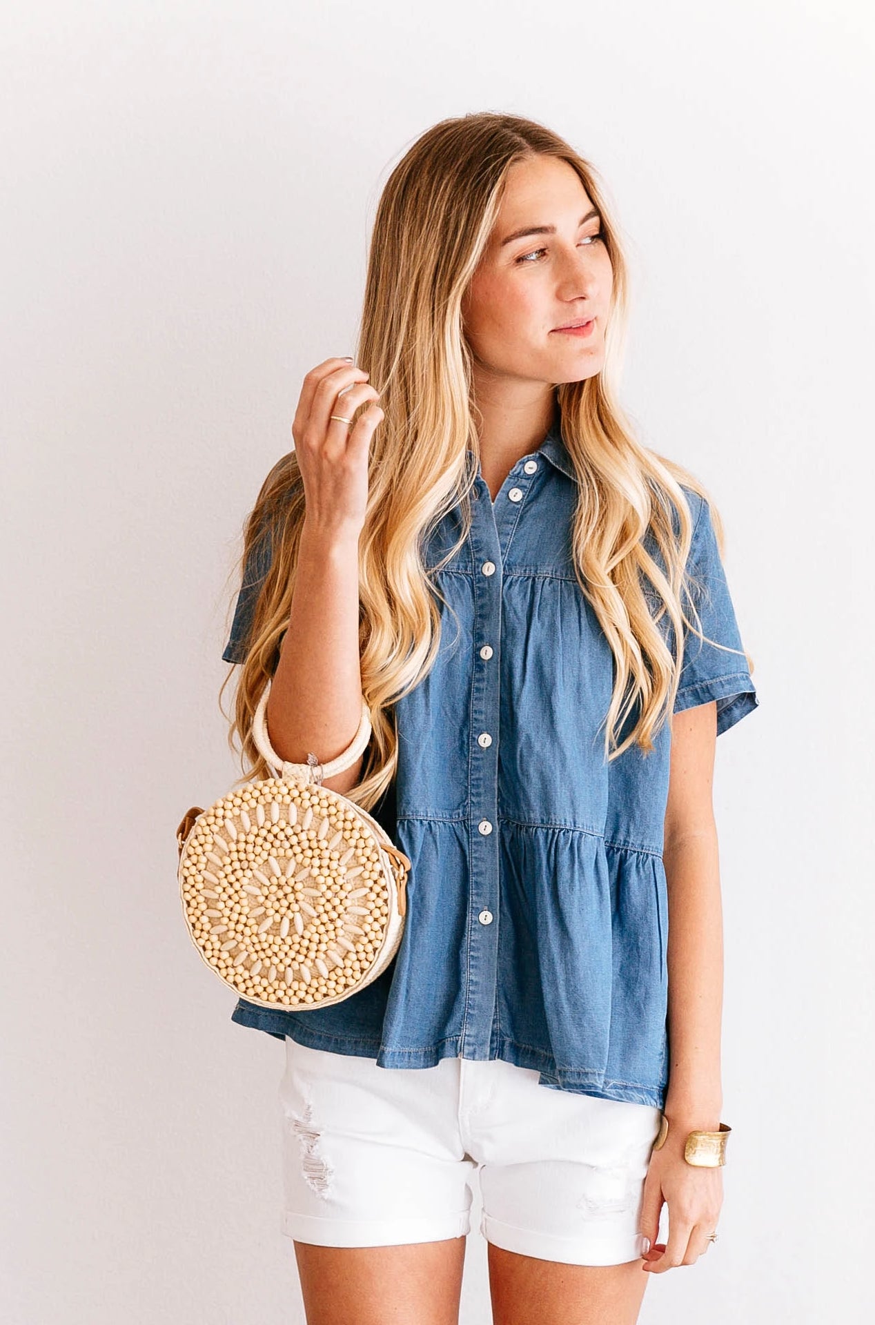 Chambray Tiered Button-Down Top