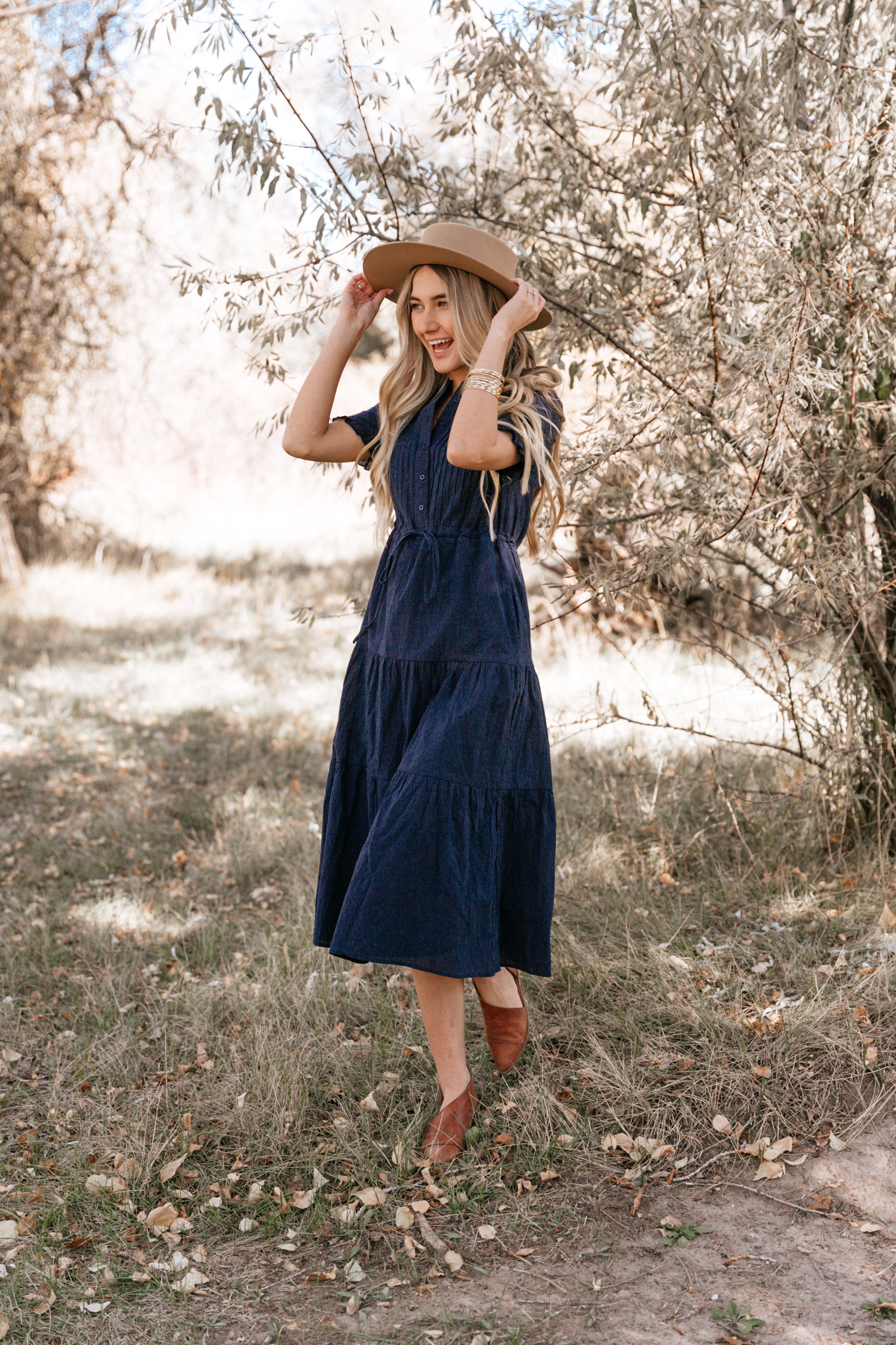 NAVY TIERED PEASANT DRESS